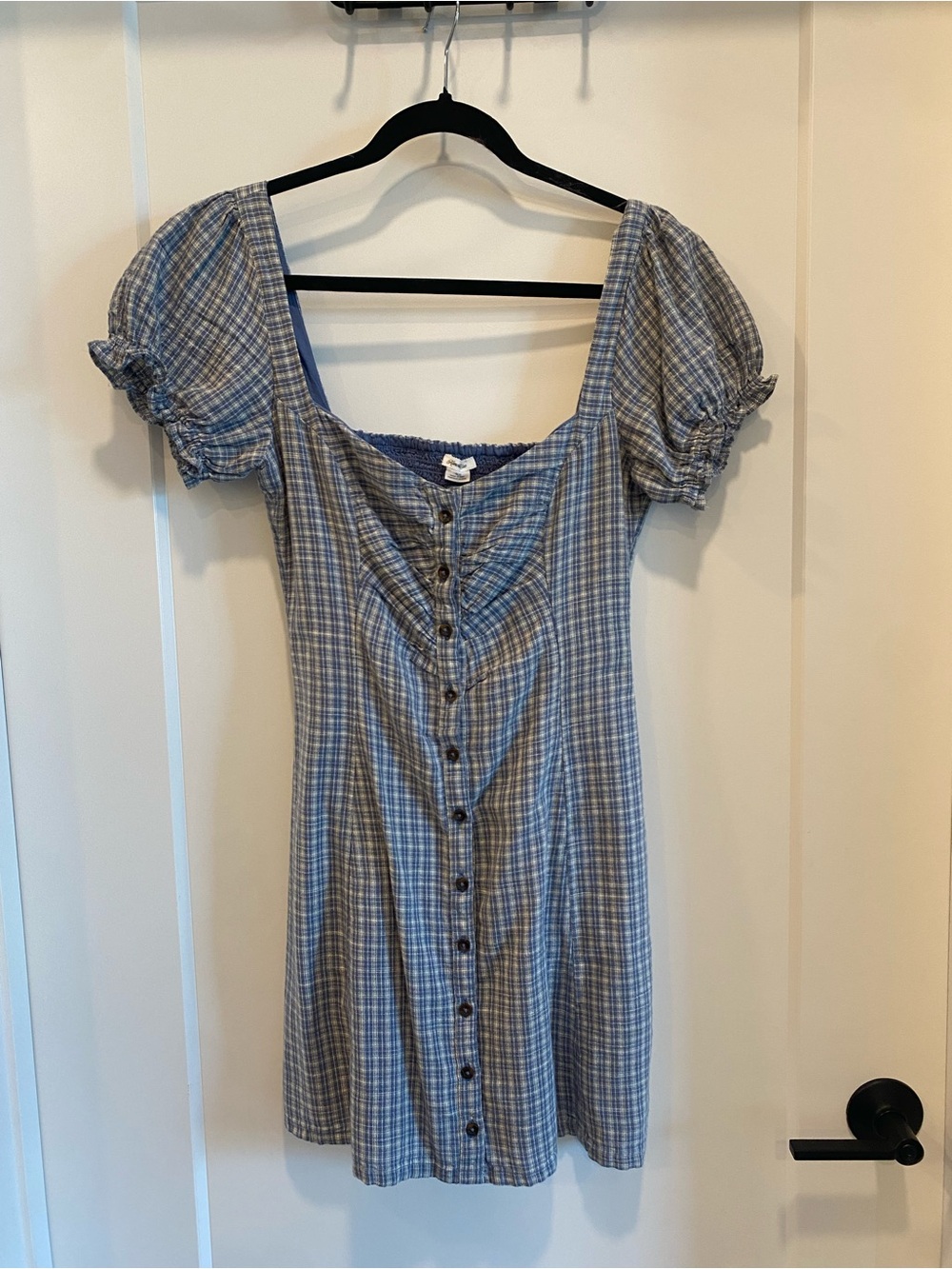 Urban Outfitters Blue Plaid Button-Front Puff Sleeve Mini Dress